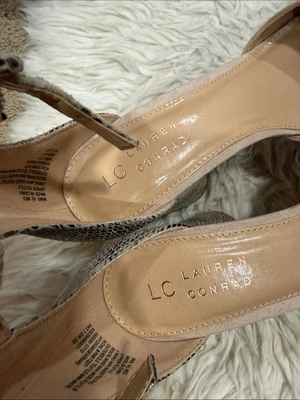 LC Lauren Conrad LC Beige snakeskin‎ print ankle strap block heels Size 9.5